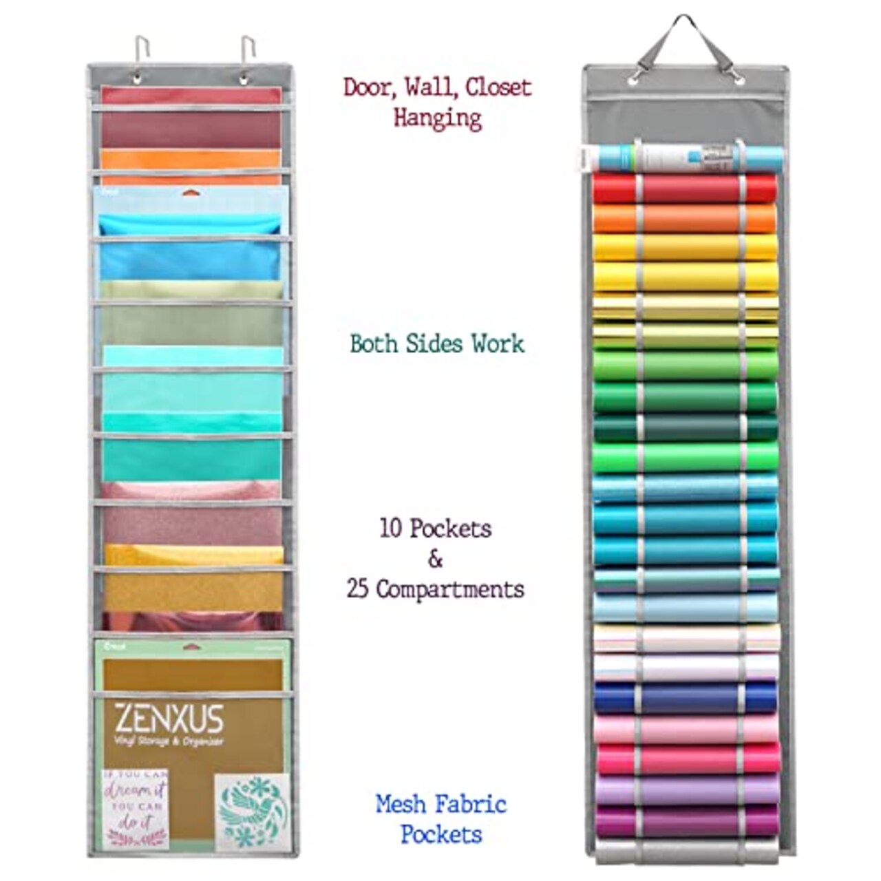 25 Compartments Roll Storage, Hanging Vinyl Organizer, Double-Sided, Backside 10 Pockets for 12x12 Vinyl Sheet, Cardstock, Scrapbook Paper, Door Hooks Included